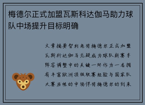 梅德尔正式加盟瓦斯科达伽马助力球队中场提升目标明确