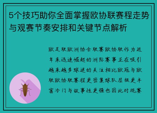 5个技巧助你全面掌握欧协联赛程走势与观赛节奏安排和关键节点解析 5个技巧助你全面掌握欧协联赛程走势与观赛节奏安排和关键节点解析