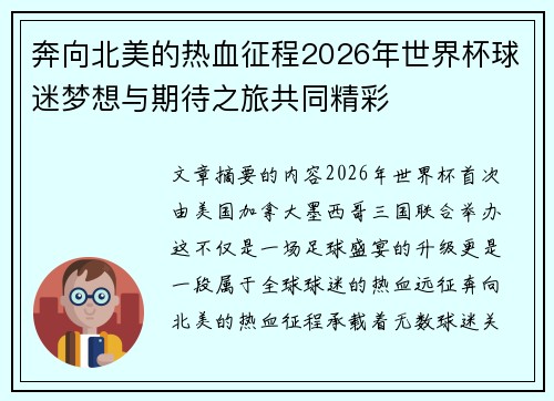 奔向北美的热血征程2026年世界杯球迷梦想与期待之旅共同精彩 奔向北美的热血征程2026年世界杯球迷梦想与期待之旅共同精彩